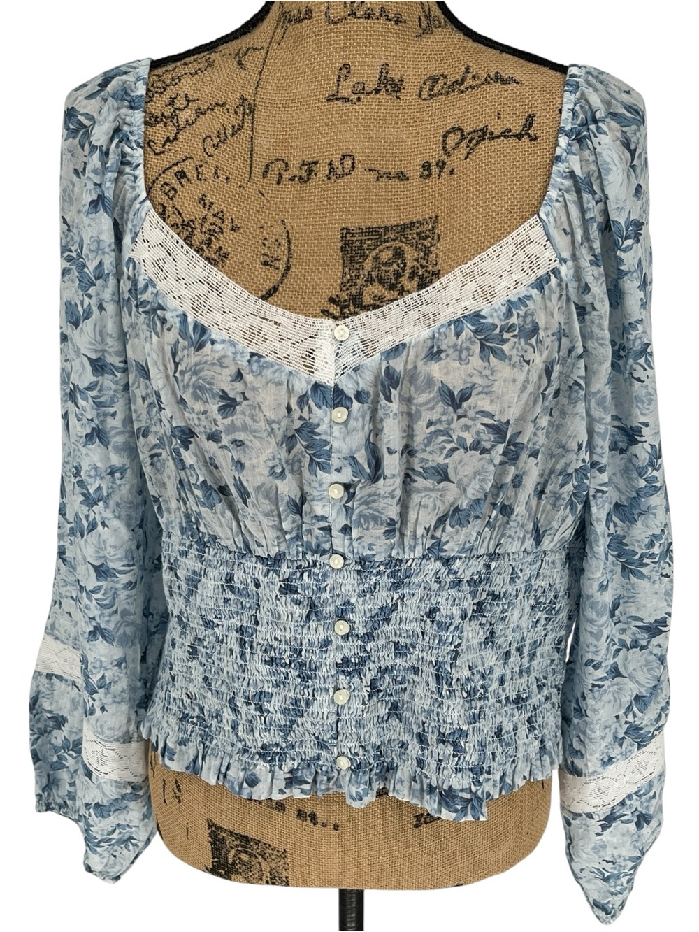 American Eagle Outfitters Blue Floral Lace-Trim Smocked Blouse Sz XL Cottage